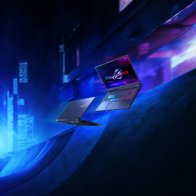 Strix G16, 18 (G614, 814)_KV_gaming laptops showcasing A part with pixel patterns and ROG Nebula Display and keyboard